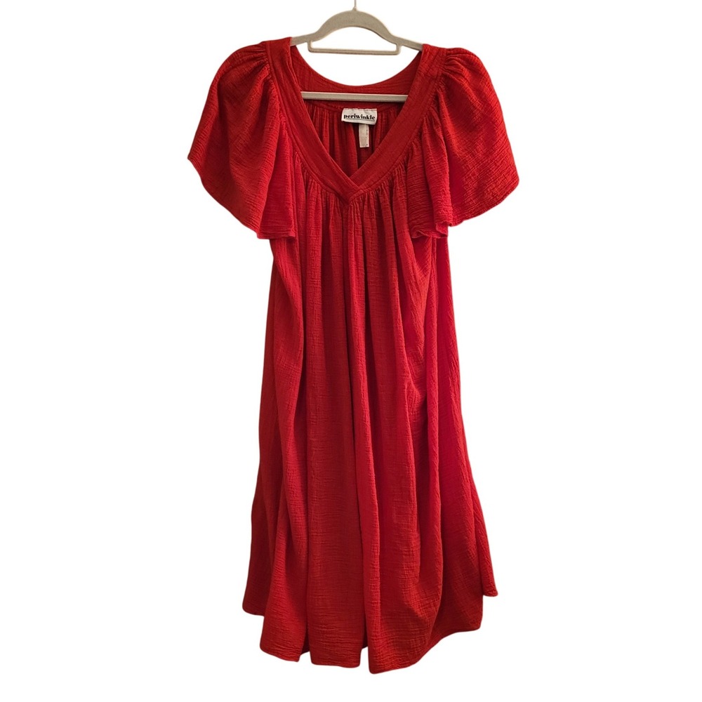 Vintage Periwinkle Red Cotton Crinkle Gauze Empire Midi Dress Made in USA Sz L